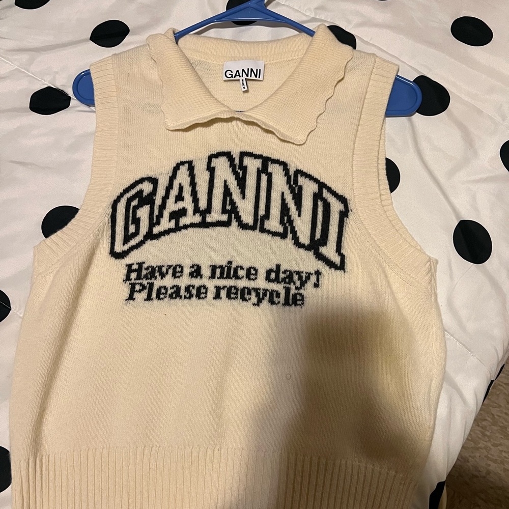 Ganni off-white graphic wool mix collar vest